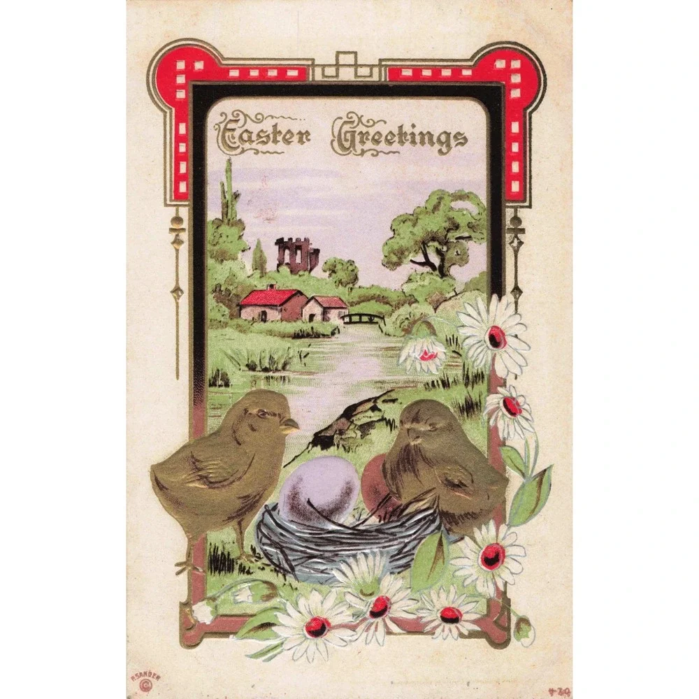 Antique Easter Greetings Postcard Embossed Chicks Nest Flowers Gilt Border VG